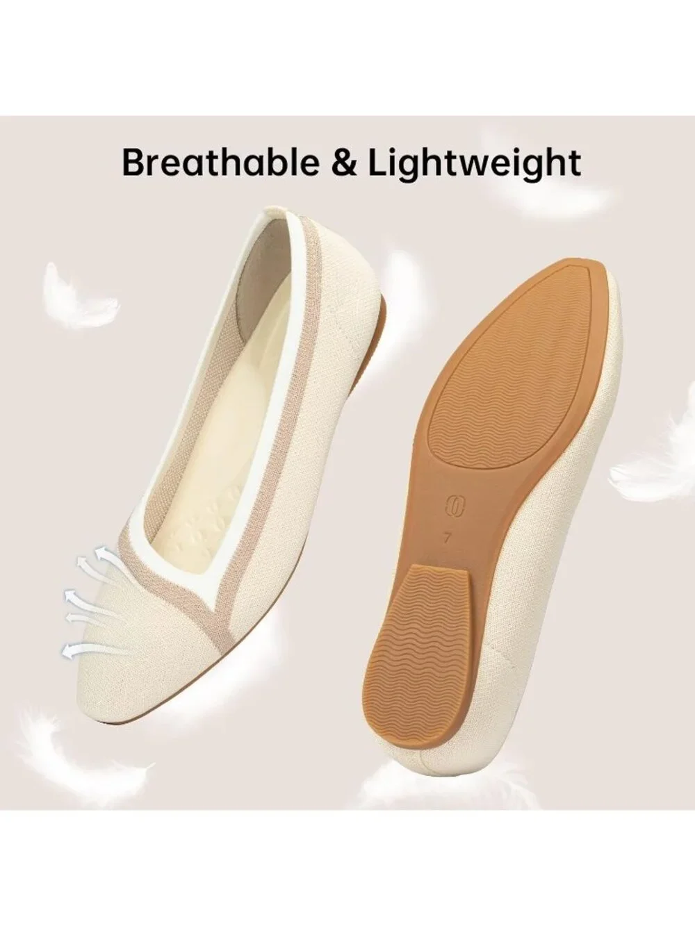Frank Mully Women's Beige Rubber Knitted Square Toe Comfortable Slip On Flats